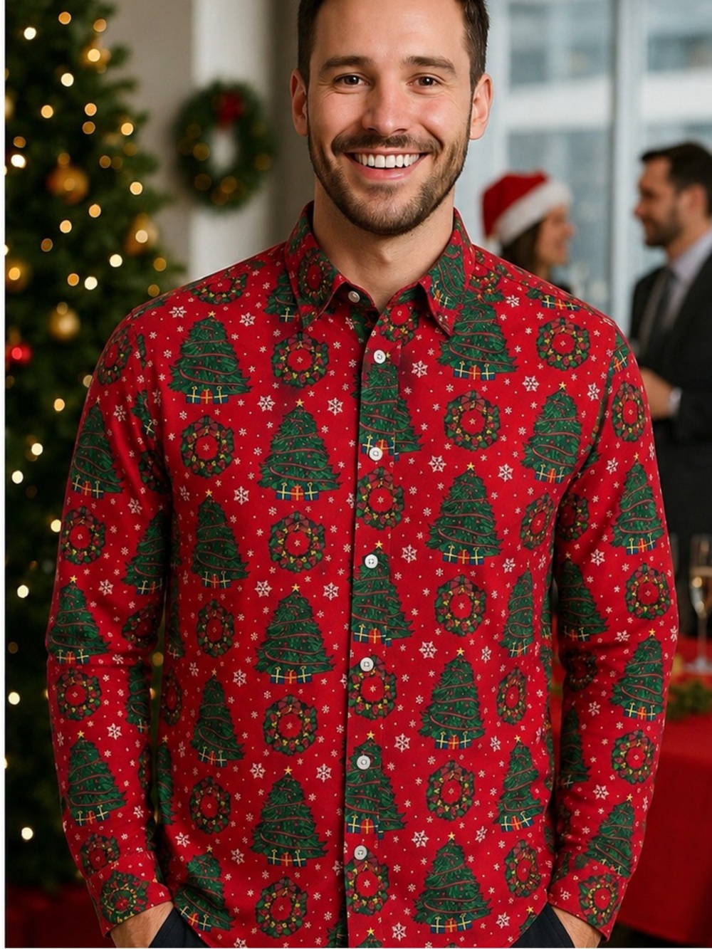 Men's Red Holiday Button-Up Shirt with Christmas Tree Print